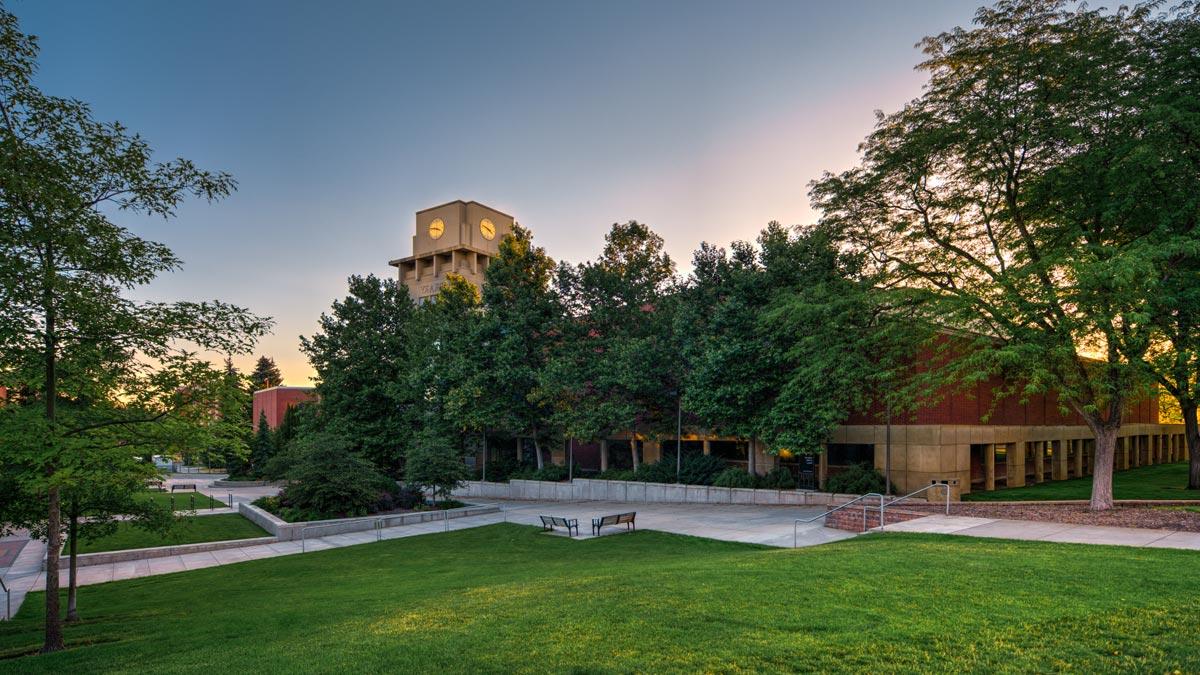 The U of I Library at sunset.