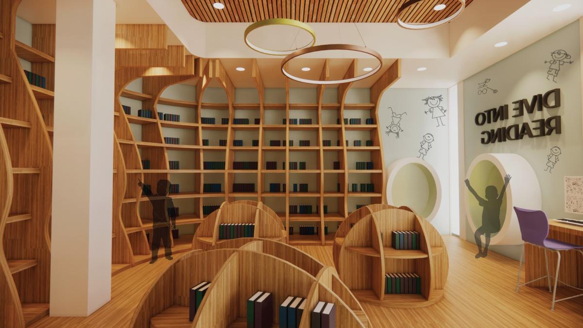 Rendering of a concept for a library in an elementary charter school.