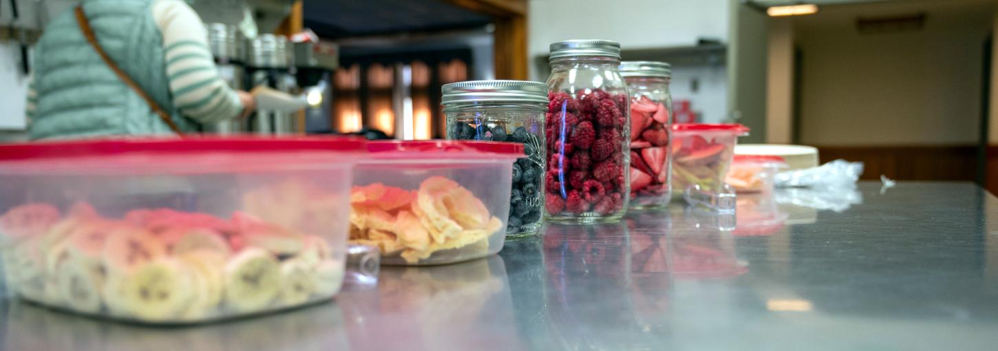 Containers of dehydrated bananas, mangoes, blueberries, raspberries and other fruit on a counter. 